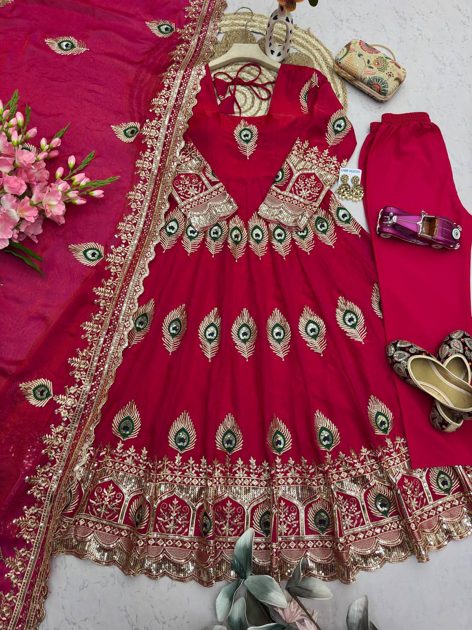 Red Heavy Fandy Silk Embroidery Threads And Zari Sequins Work Suit Set 