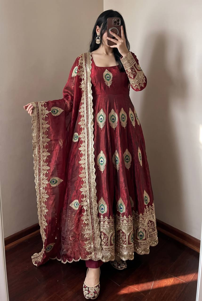 Maroon Heavy Fandy Silk Embroidery Threads And Zari Sequins Work Suit Set 