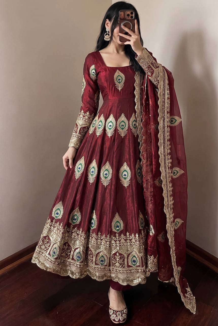 Maroon Heavy Fandy Silk Embroidery Threads And Zari Sequins Work Suit Set 