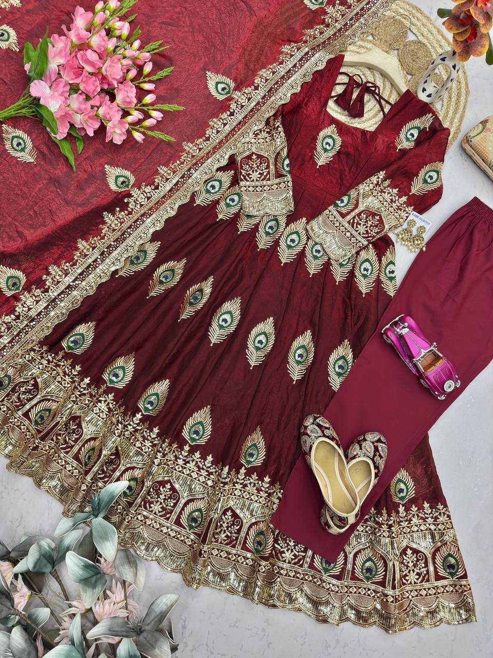 Maroon Heavy Fandy Silk Embroidery Threads And Zari Sequins Work Suit Set 