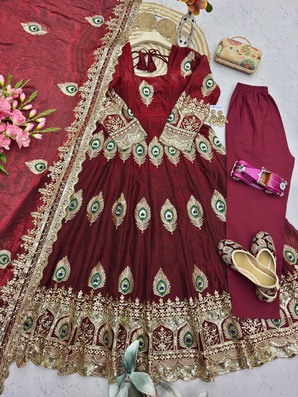 Maroon Heavy Fandy Silk Embroidery Threads And Zari Sequins Work Suit Set 