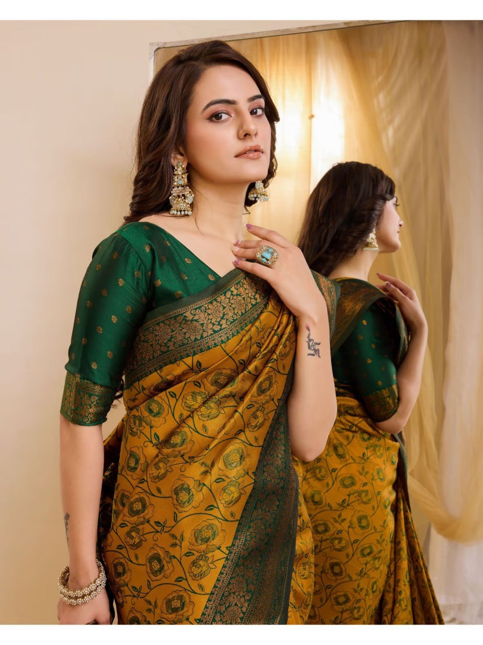 Indian model in yellow green Banarasi saree party festive look


