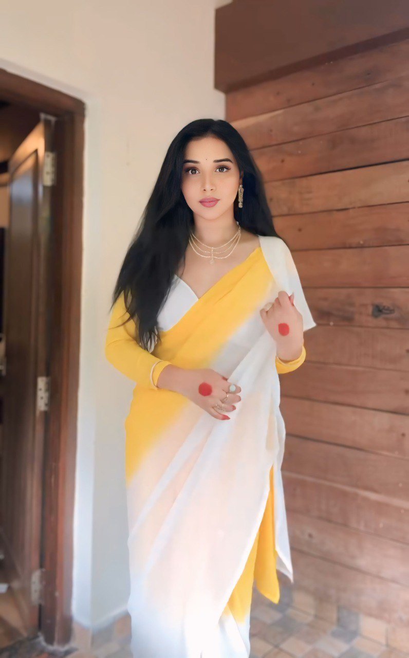 Pure Georgette Yellow White Saree with Print