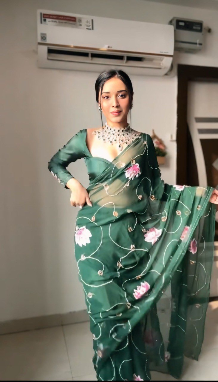 Pure Organza Green Saree with Artistic Prints
