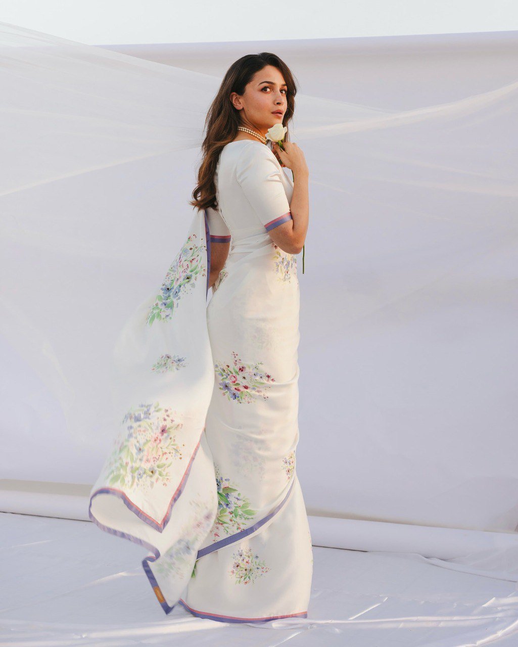 Pure Satin Silk White Saree with Printed Design