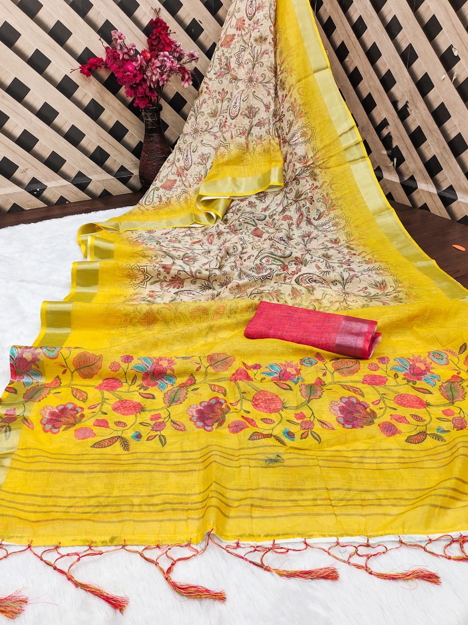 Detail Shot: Premium Yellow Cotton Linen Saree Fabric Texture | Lightweight Breathable Material | Indian Ethnic Fashion | Pehrile Quality