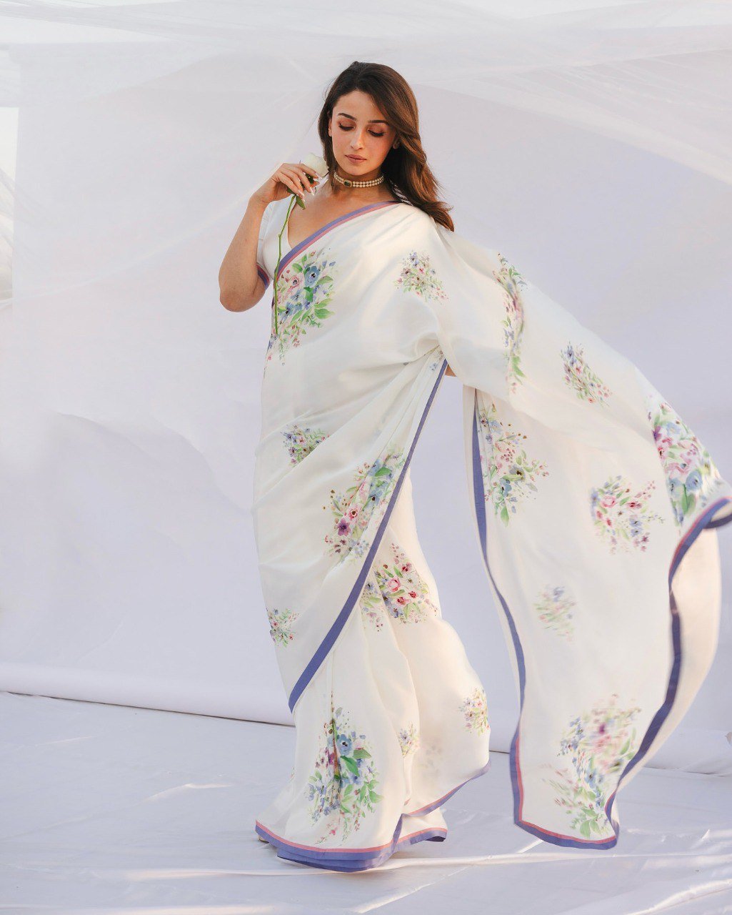 Satin Silk White Printed Saree Online