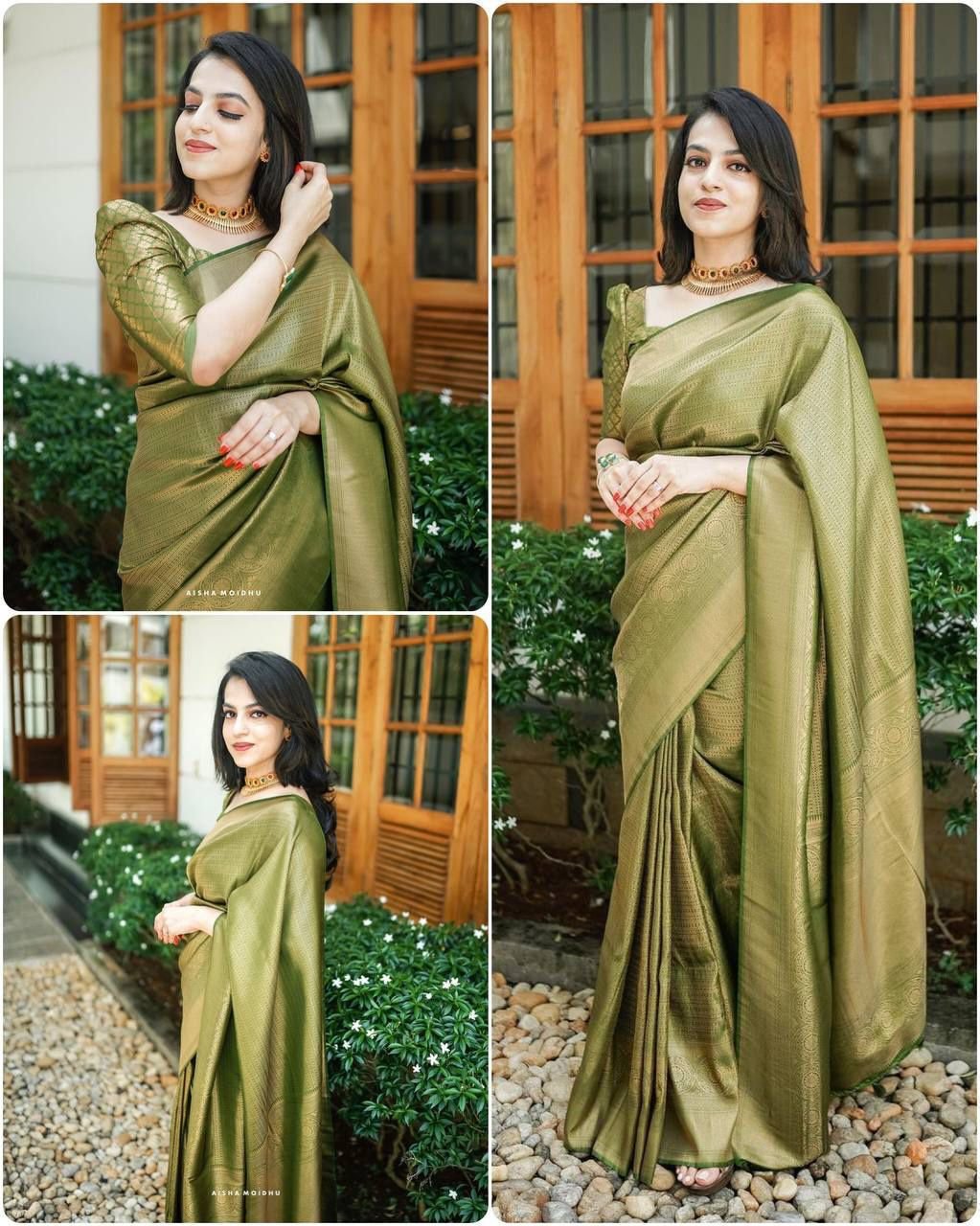 Leaf Green Jacquard Work Soft Lichi Silk Saree