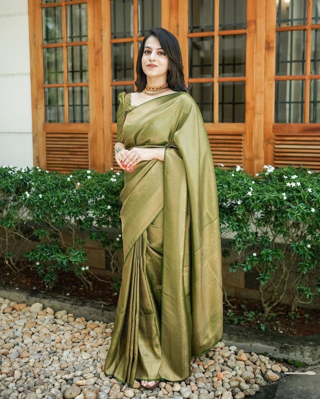 Leaf Green Jacquard Work Soft Lichi Silk Saree
