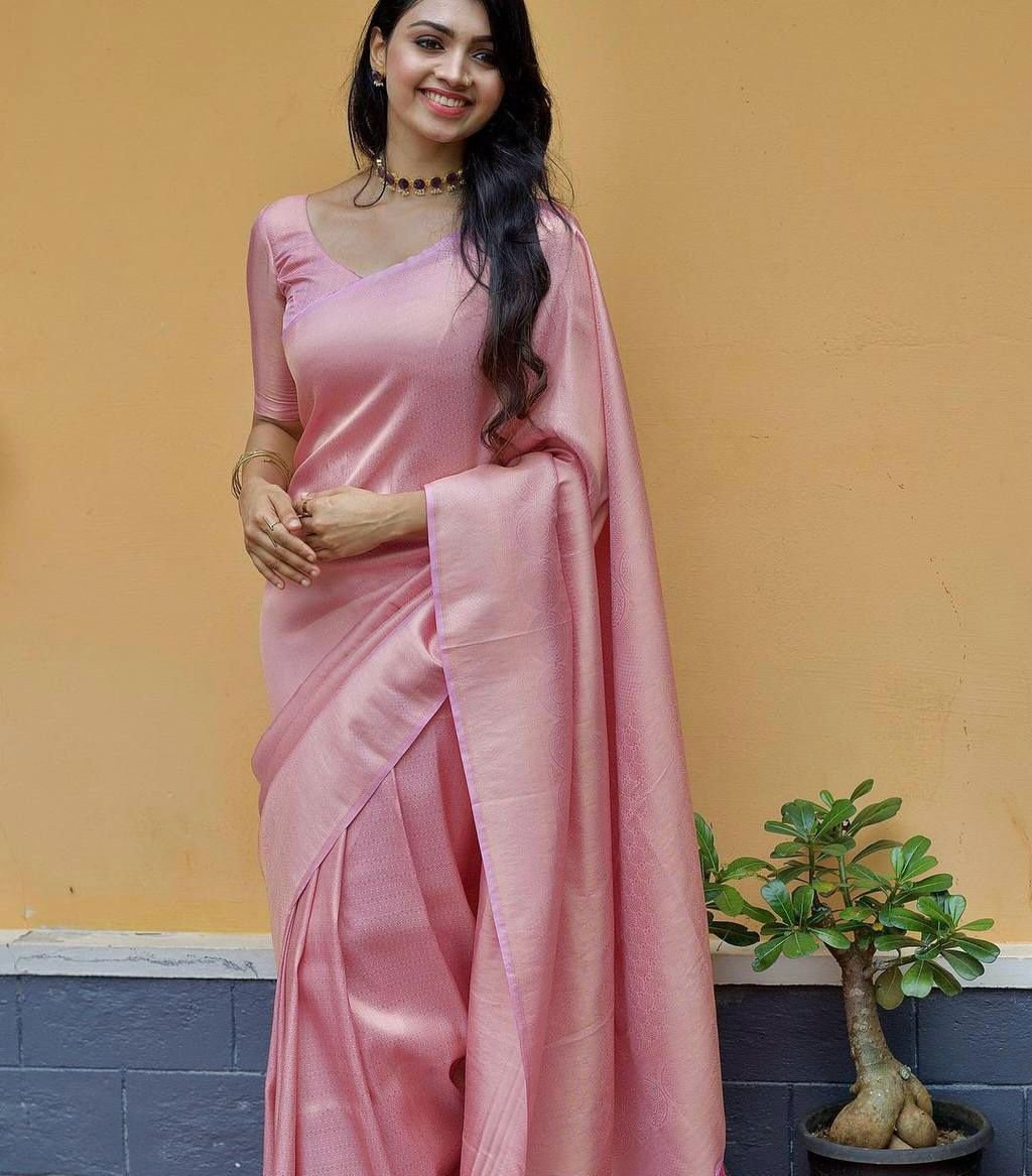 Pink jacquard work lichi silk saree with chikan neck and zari motifs festive wear