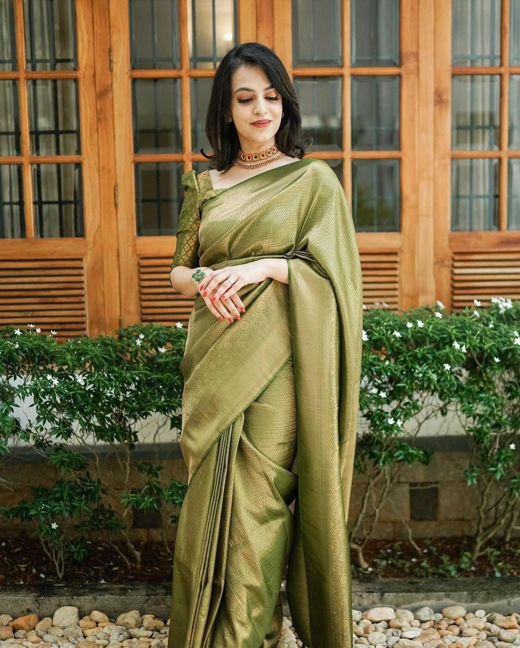 Leaf green jacquard work soft lichi silk saree – festive wedding saree