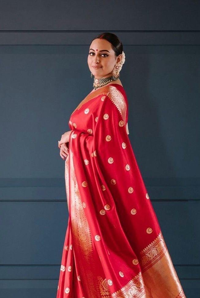 Dark Red Jacquard Work Soft Lichi Silk Saree