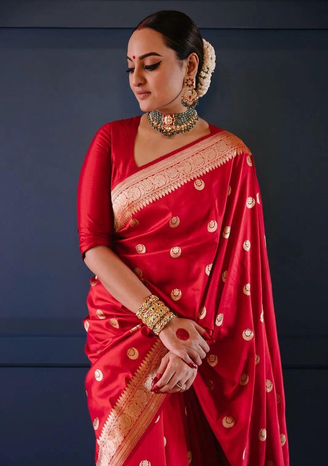 Dark Red Jacquard Work Soft Lichi Silk Saree