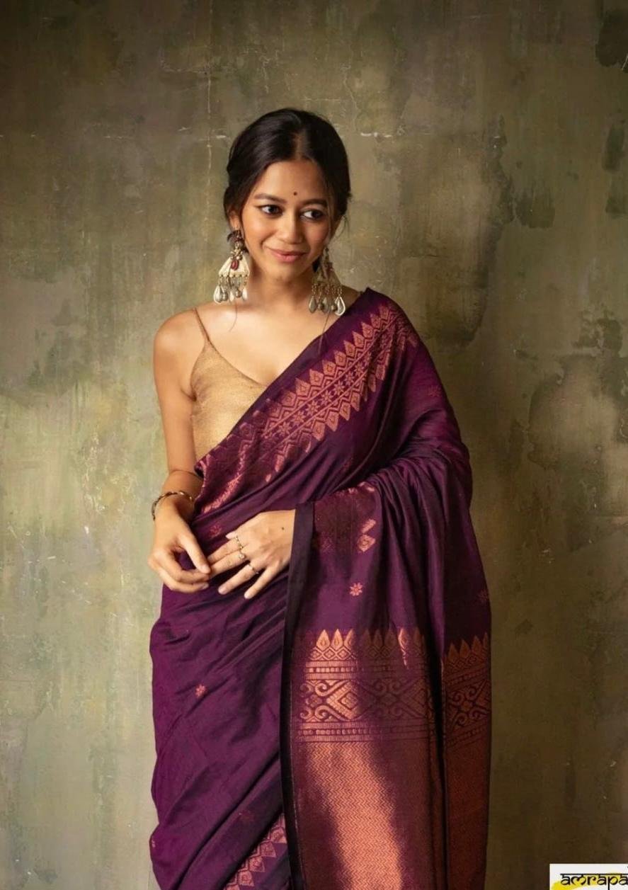 Dark Purple Jacquard Work Soft Lichi Silk Saree