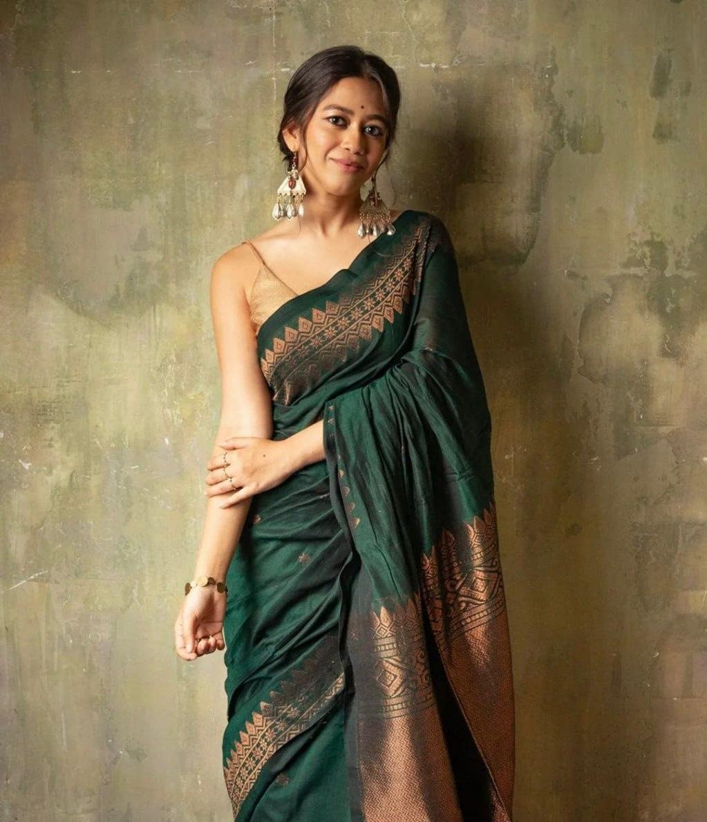Dark Green And Gold Jacquard Work Soft Lichi Silk Saree