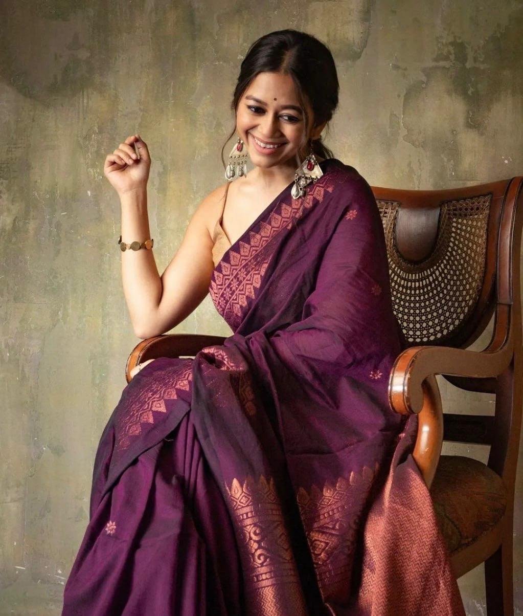 Dark Purple Jacquard Work Soft Lichi Silk Saree