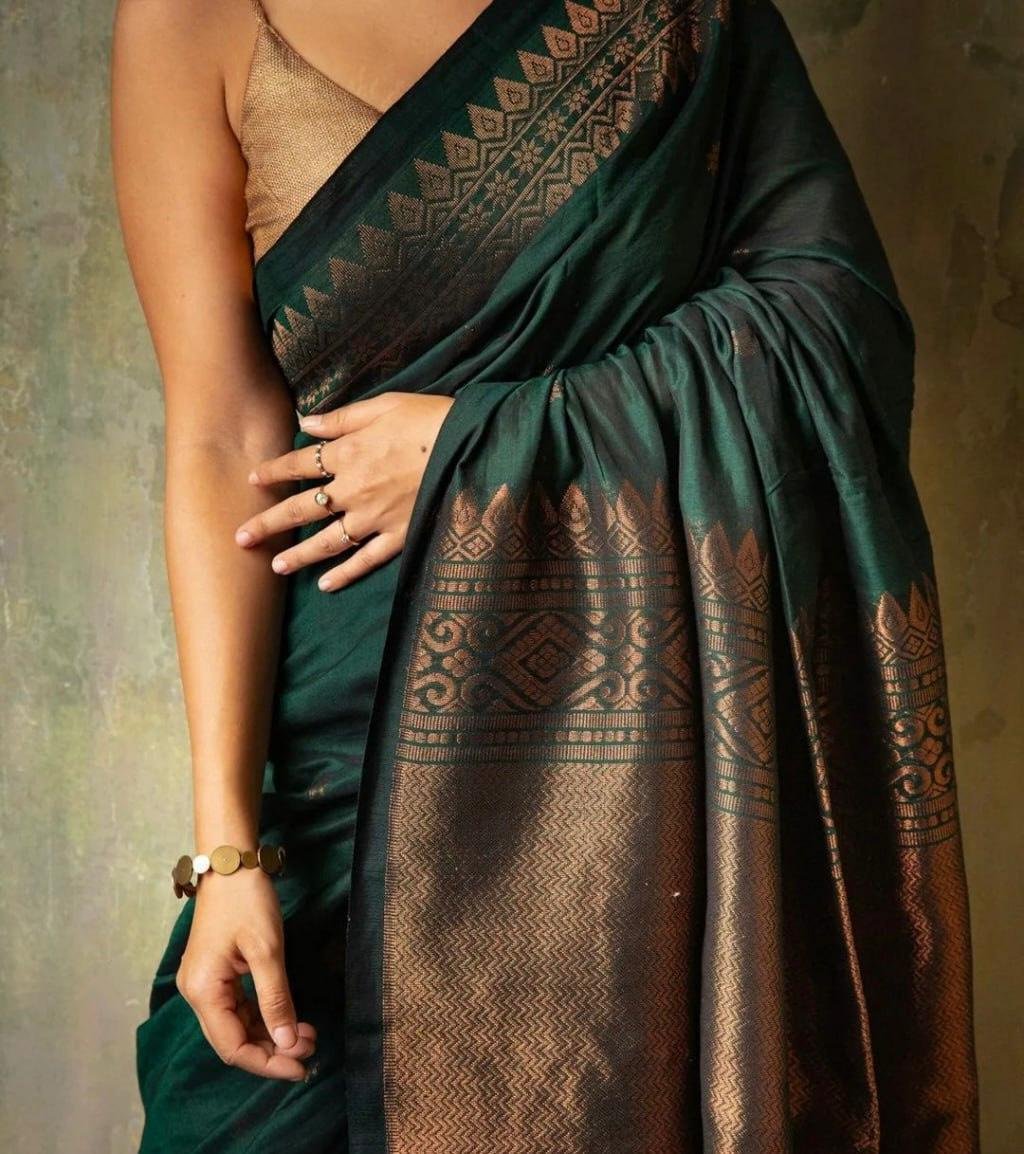 Dark Green And Gold Jacquard Work Soft Lichi Silk Saree
