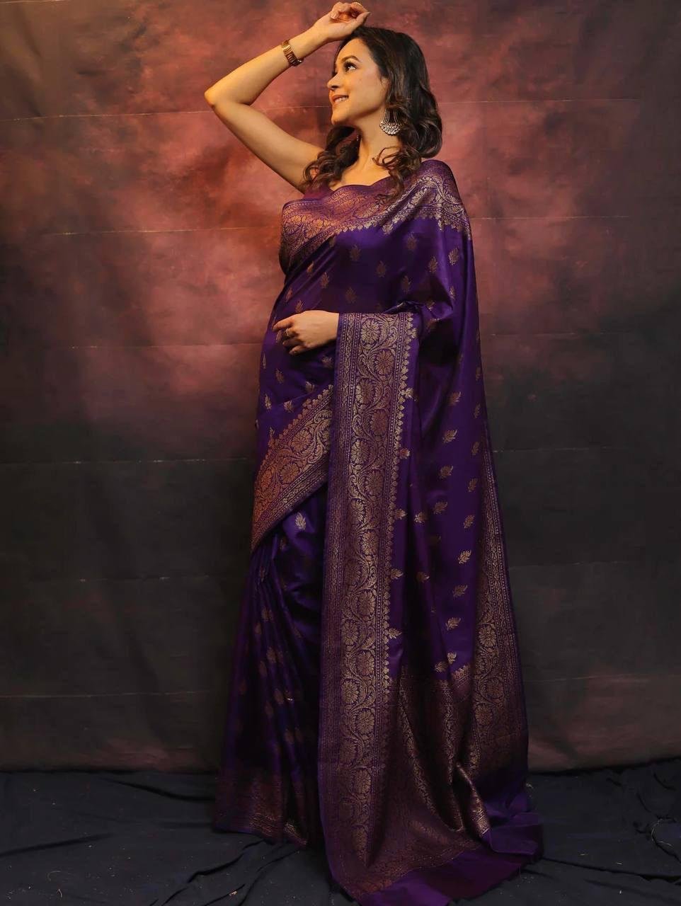 Dark Purple Jacquard Work Soft Lichi Silk Saree