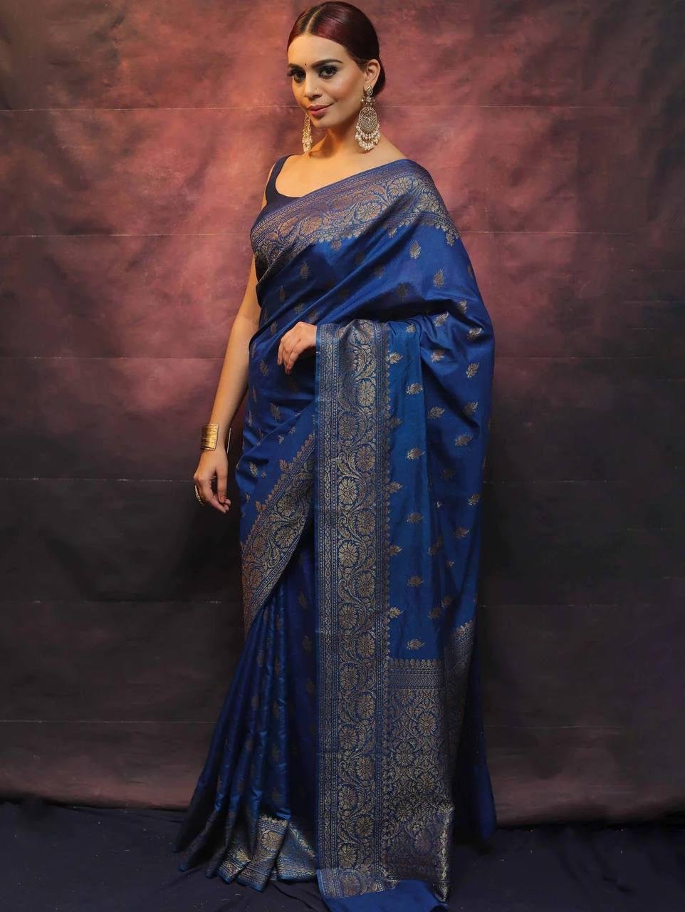 Navy blue jacquard work soft lichi silk saree – festive silk saree for women