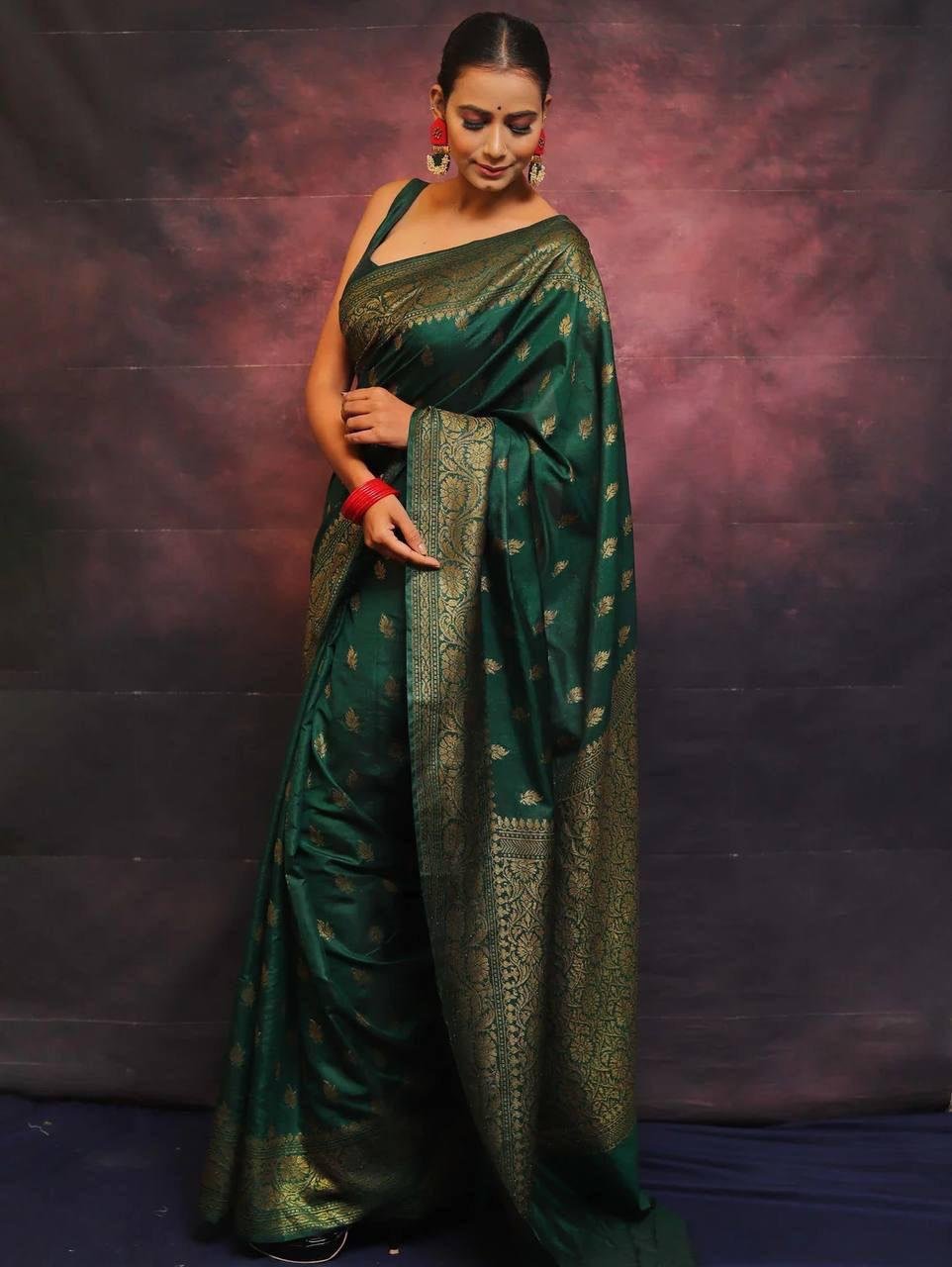 Dark Green Jacquard Work Soft Lichi Silk Saree