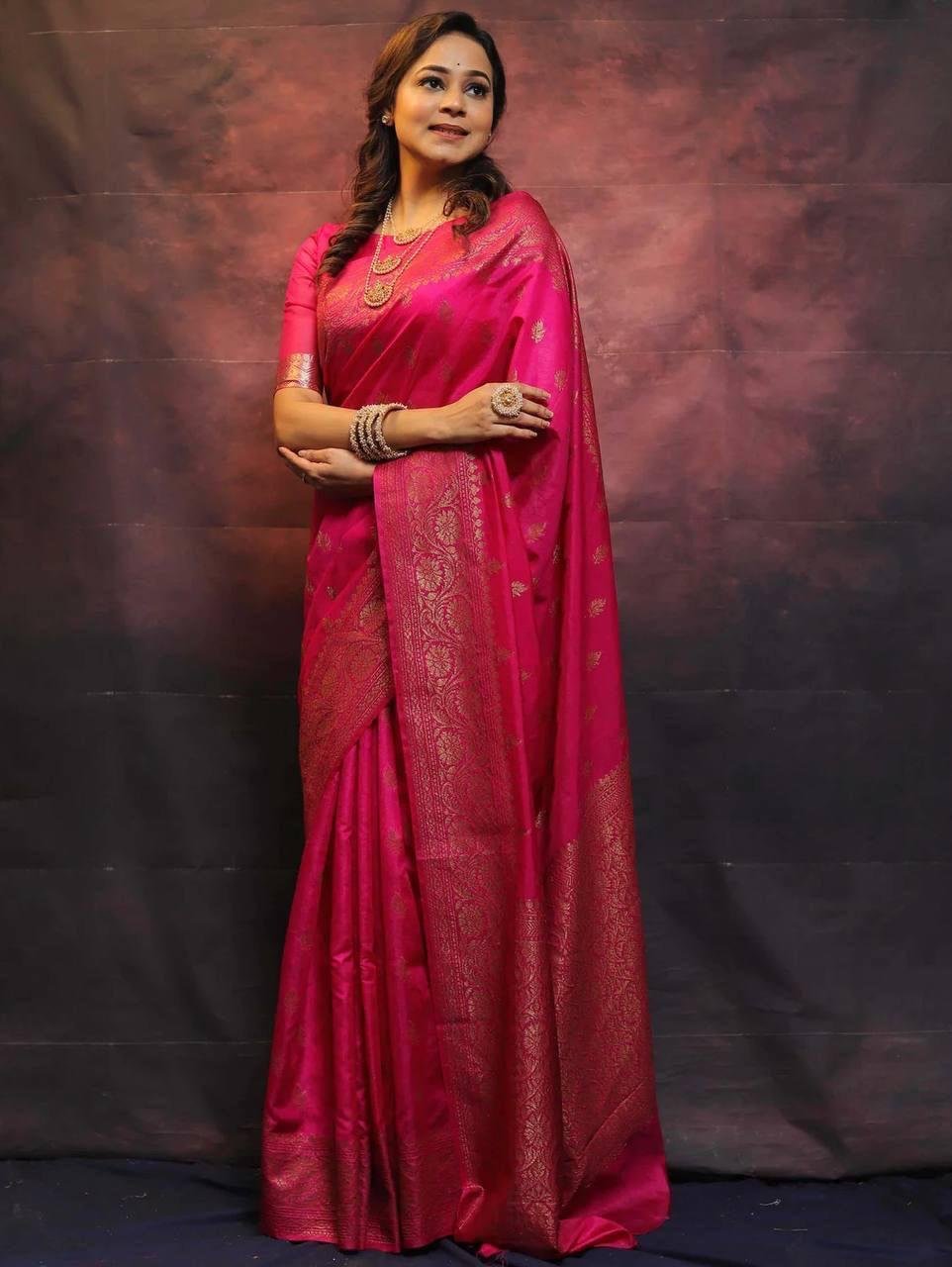 Dark Pink Jacquard Work Soft Lichi Silk Saree