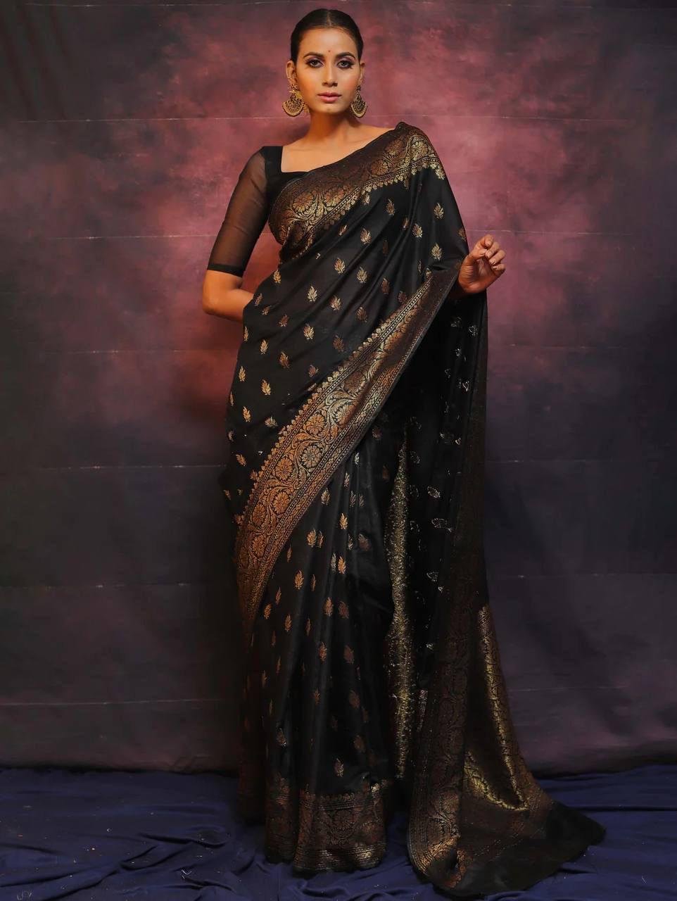 Premium Black Jacquard Work Soft Lichi Silk Saree for Wedding, Festival & Party - Designer Traditional Silk Saree with Zari Work - Ethnic Bridal Saree