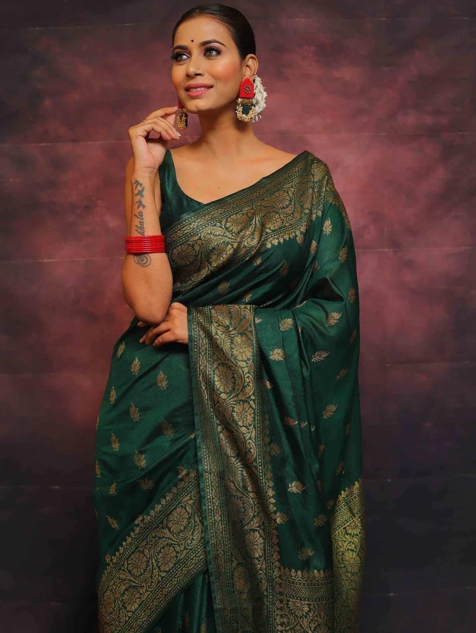 Dark Green Jacquard Work Soft Lichi Silk Saree