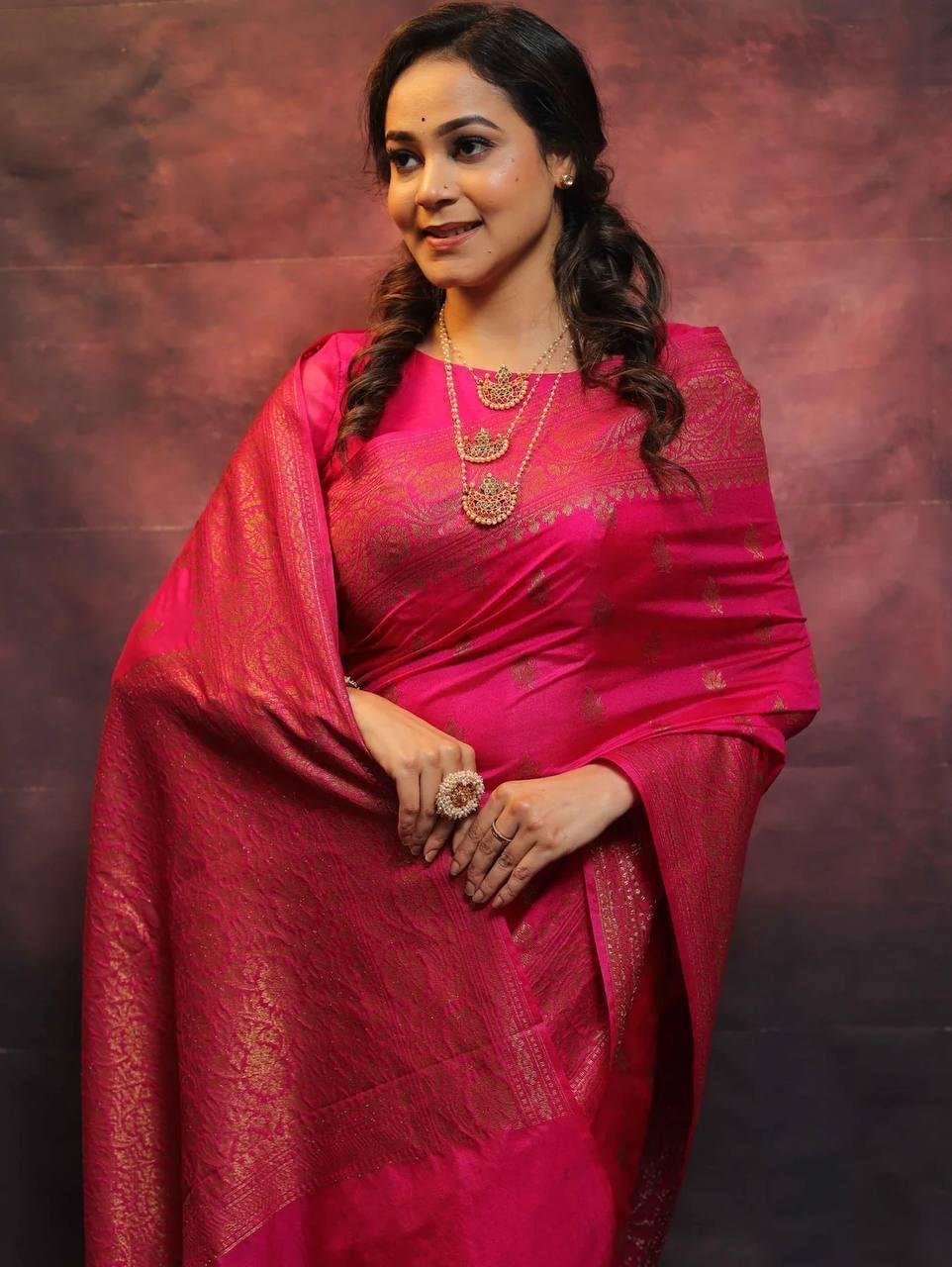 Dark Pink Jacquard Work Soft Lichi Silk Saree