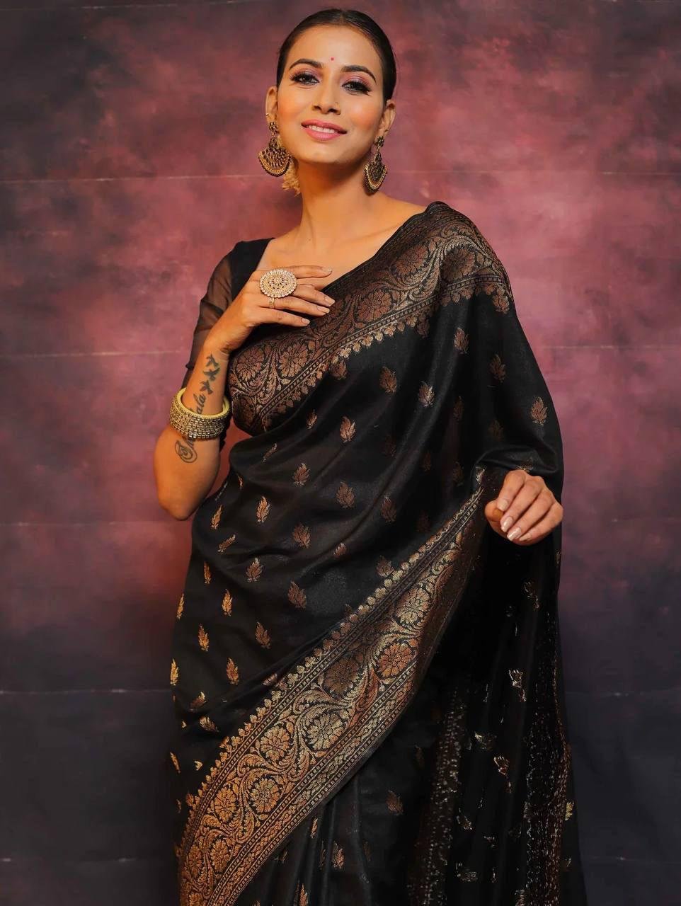 Black Jacquard Work Soft Lichi Silk Saree
