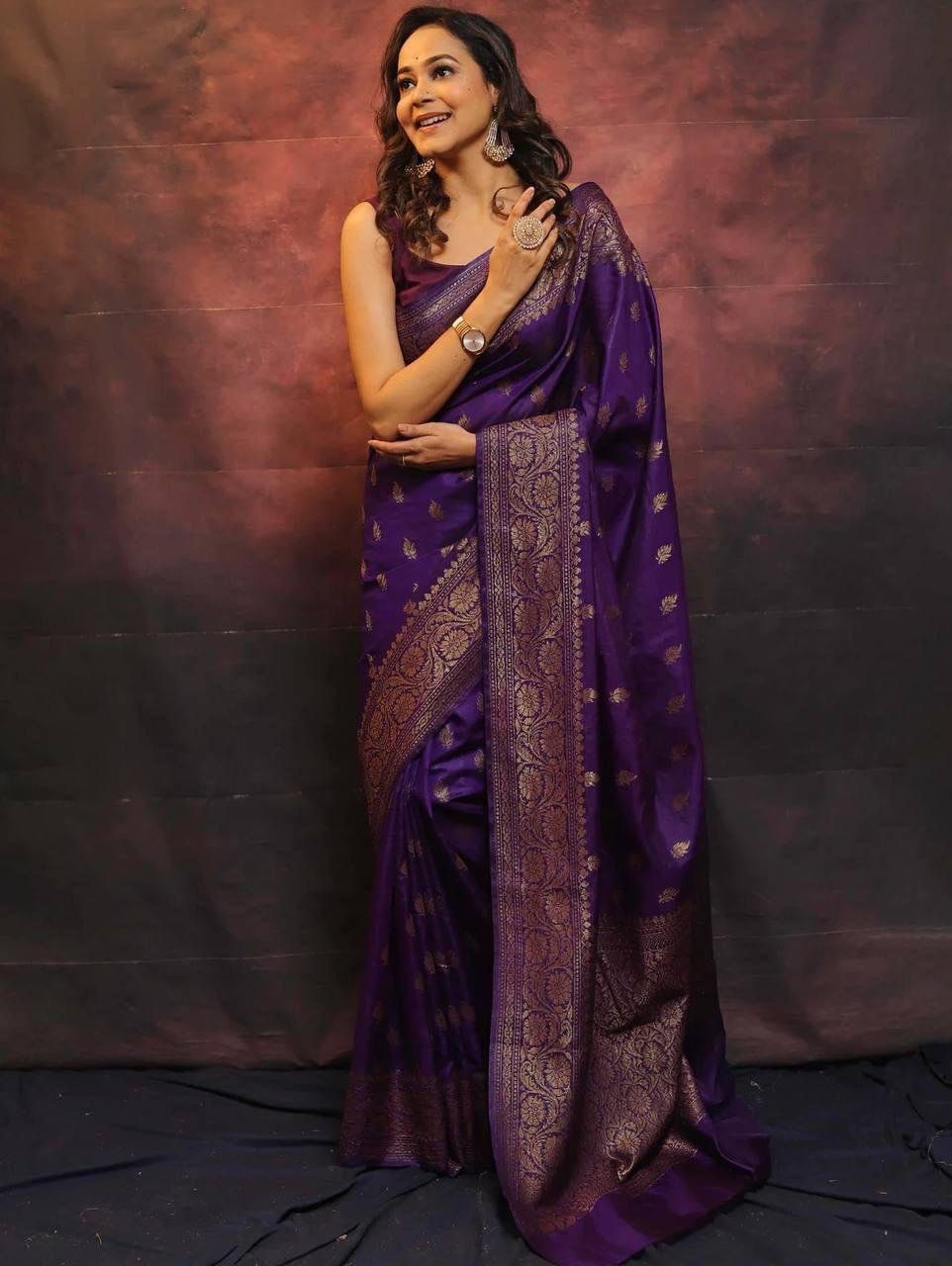 Dark Purple Jacquard Work Soft Lichi Silk Saree