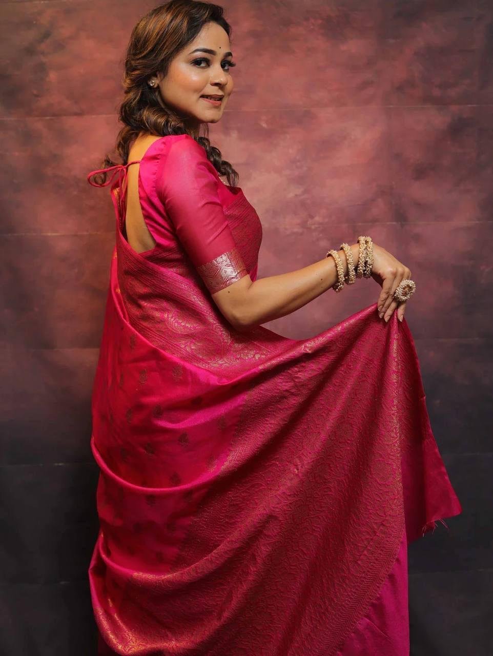 Dark Pink Jacquard Work Soft Lichi Silk Saree