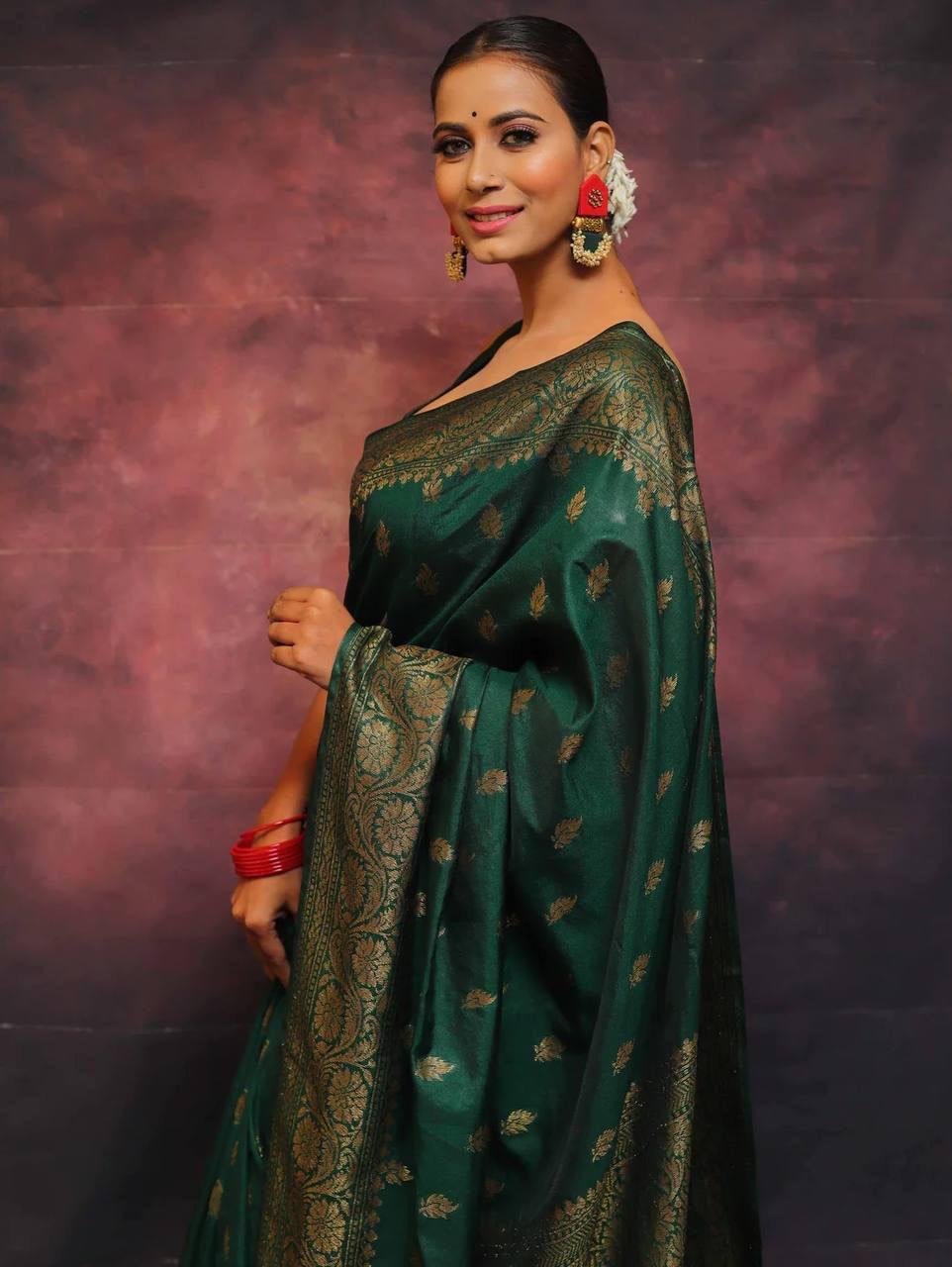 Dark Green Jacquard Work Soft Lichi Silk Saree