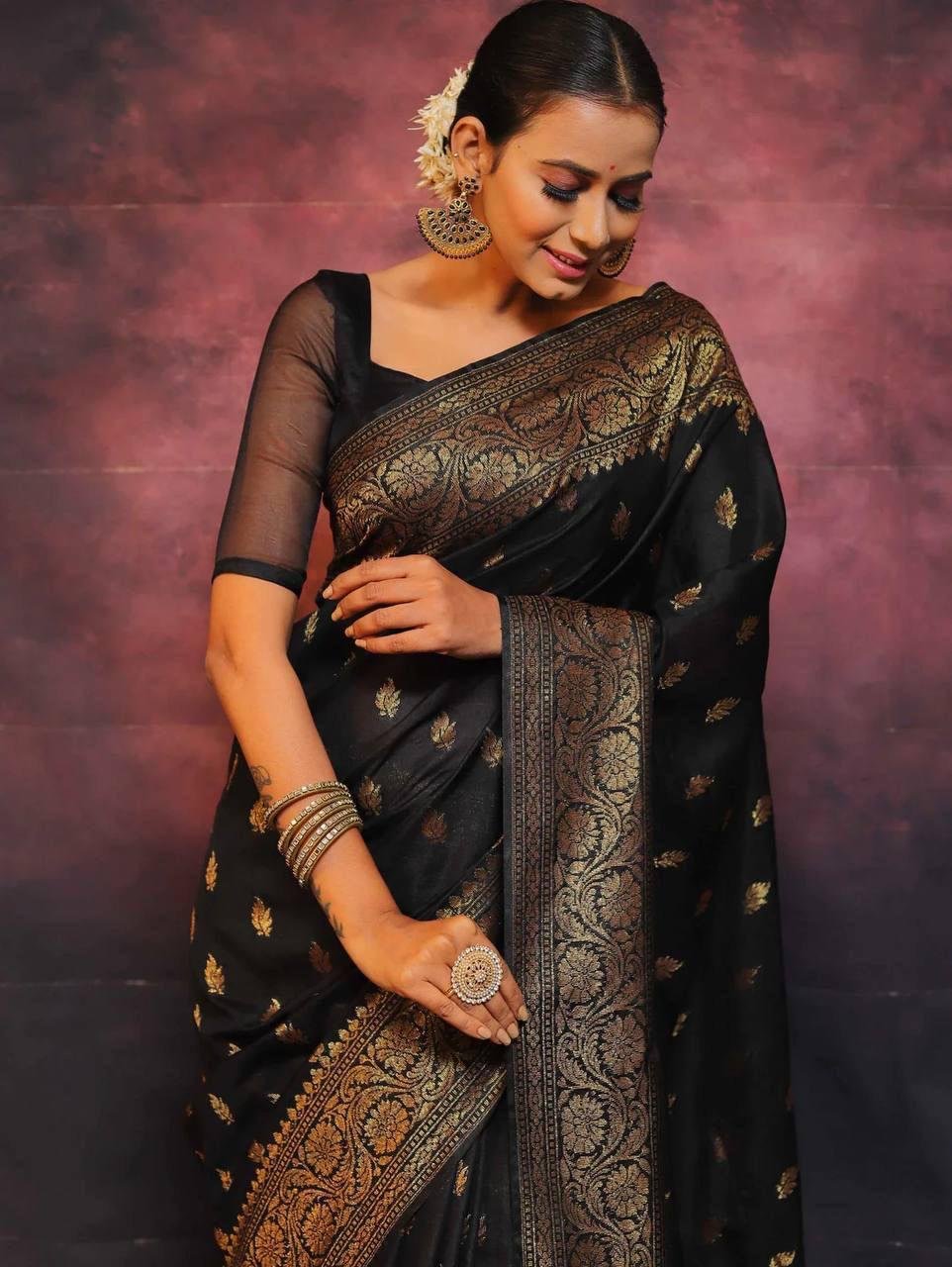 Black Jacquard Work Soft Lichi Silk Saree