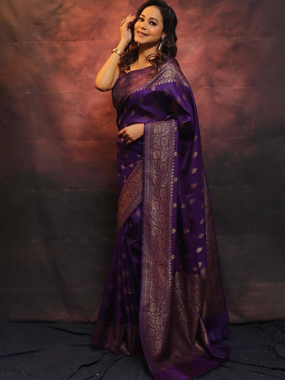 Dark Purple Jacquard Work Soft Lichi Silk Saree