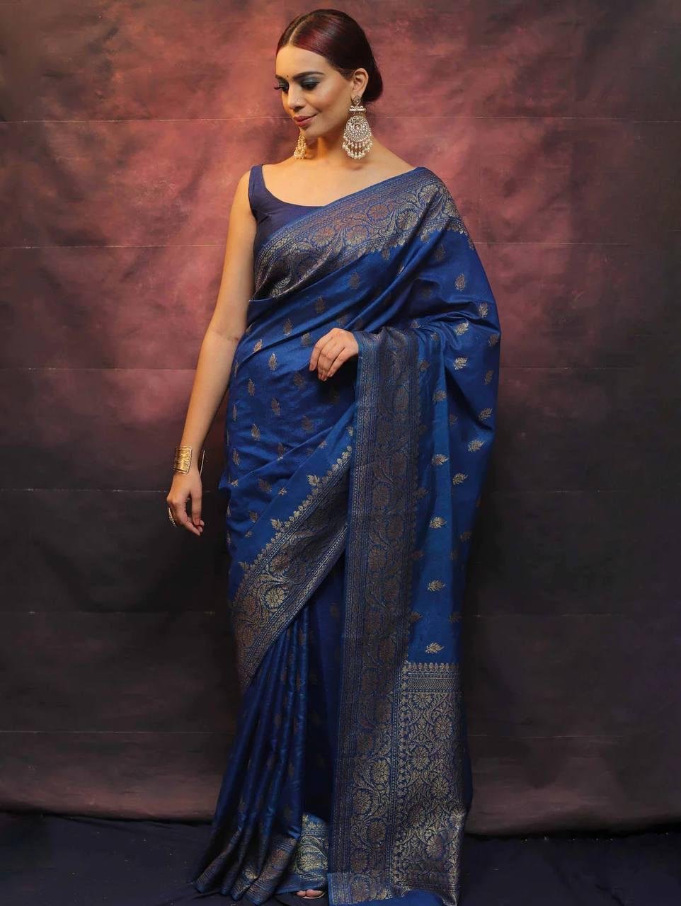 Woman wearing navy blue soft lichi silk saree with jacquard work – wedding wear saree
