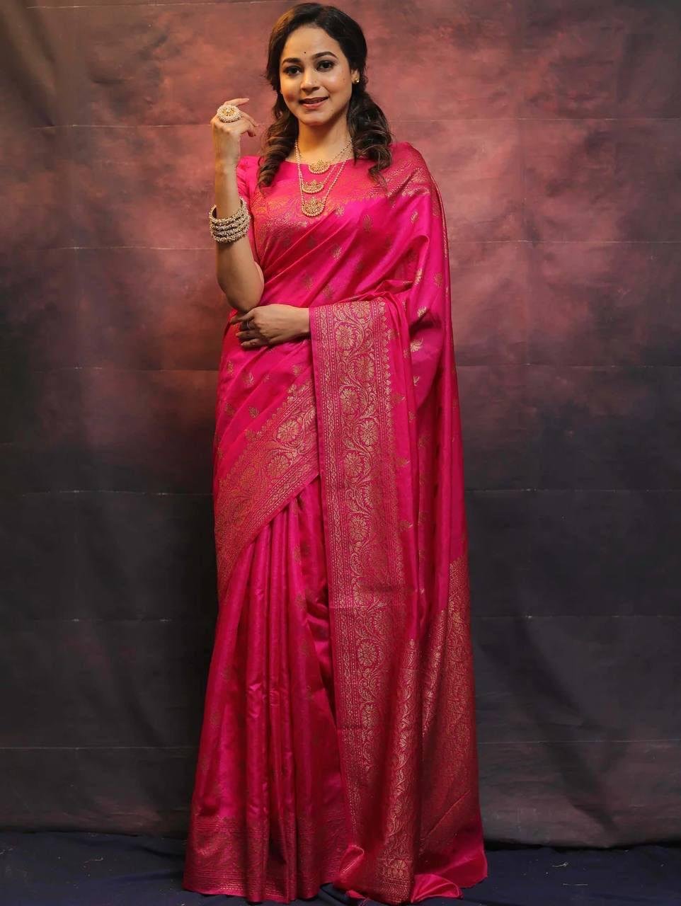 Dark Pink Jacquard Work Soft Lichi Silk Saree