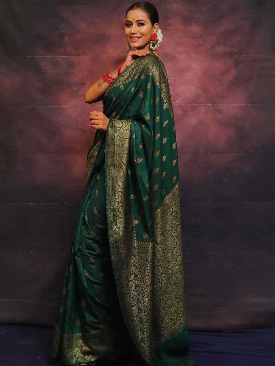 Dark Green Jacquard Work Soft Lichi Silk Saree