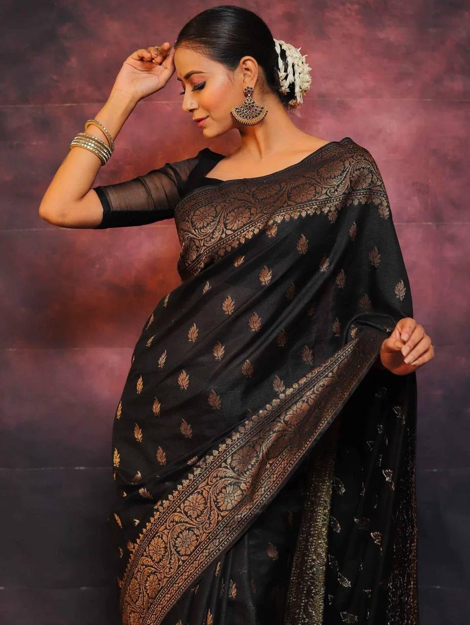 Black Jacquard Work Soft Lichi Silk Saree
