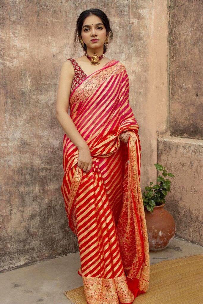 Dark Red Jacquard Work Soft Lichi Silk Saree