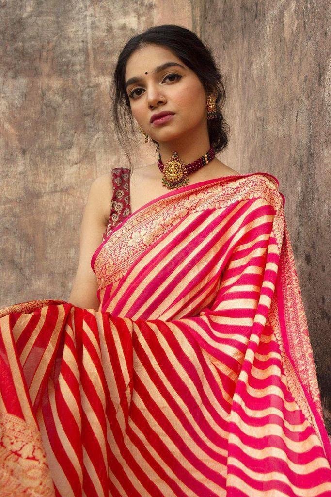 Dark Red Jacquard Work Soft Lichi Silk Saree
