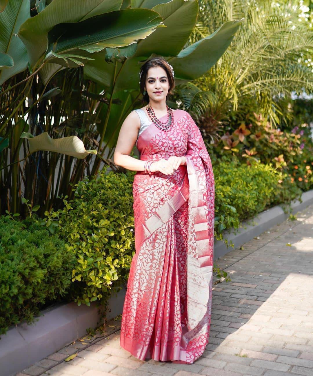 Pink and white jacquard work soft lichi silk saree – festive silk saree for women