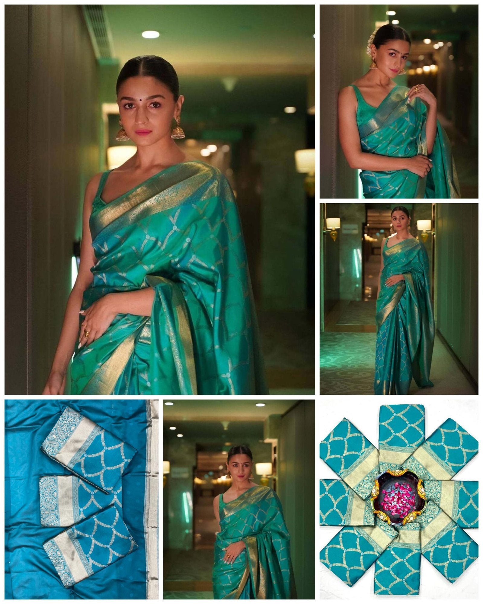 Folded turquoise jacquard work lichi silk saree – luxury festive saree 2025