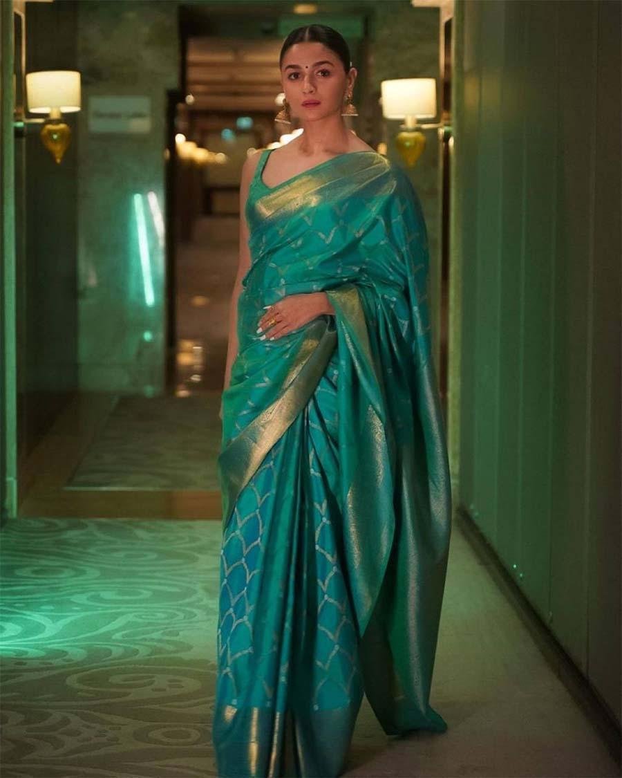 Turquoise Jacquard Work Soft Lichi Silk Saree