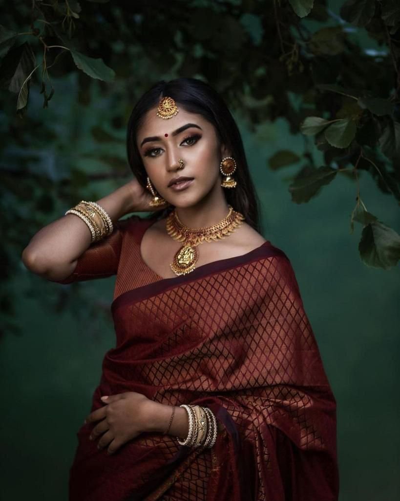 Dark Maroon Jacquard Work Soft Lichi Silk Saree