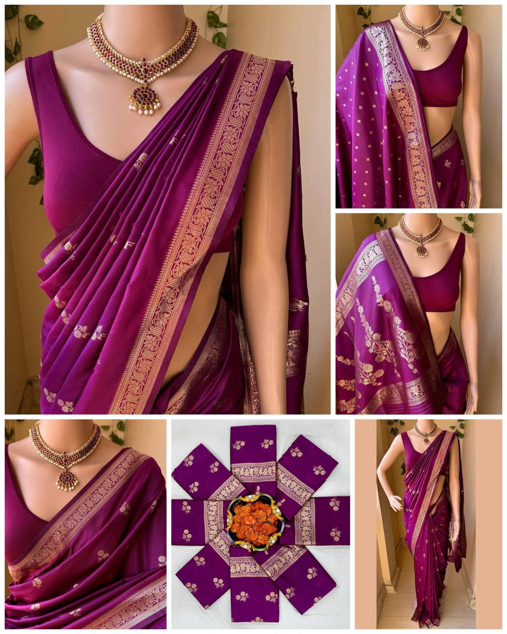 Dark Purple And Golden Border Soft Lichi Silk Saree