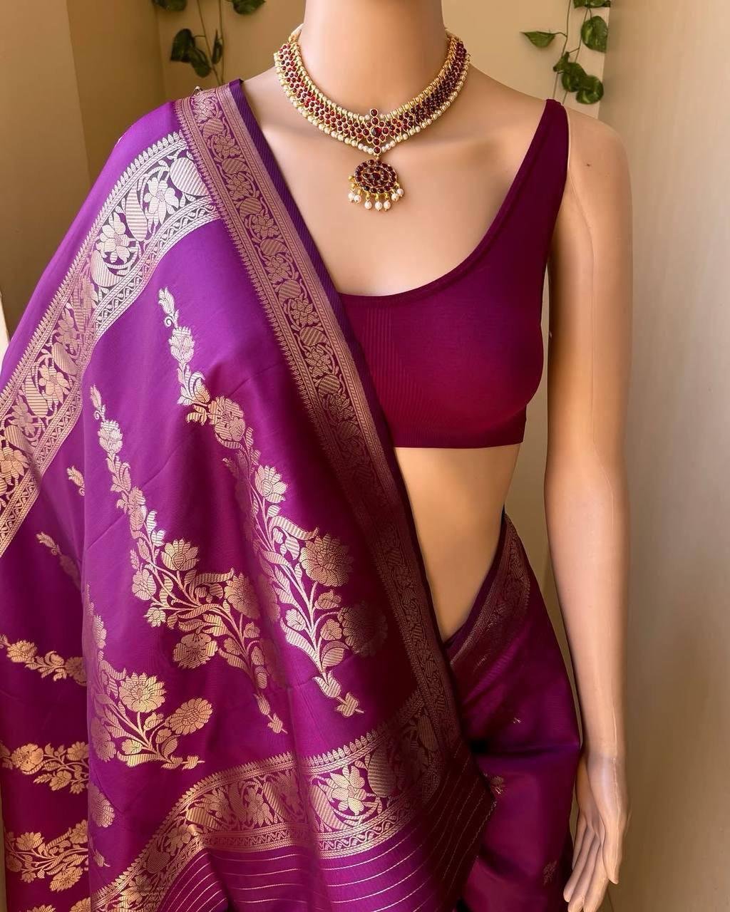 Dark Purple And Golden Border Soft Lichi Silk Saree