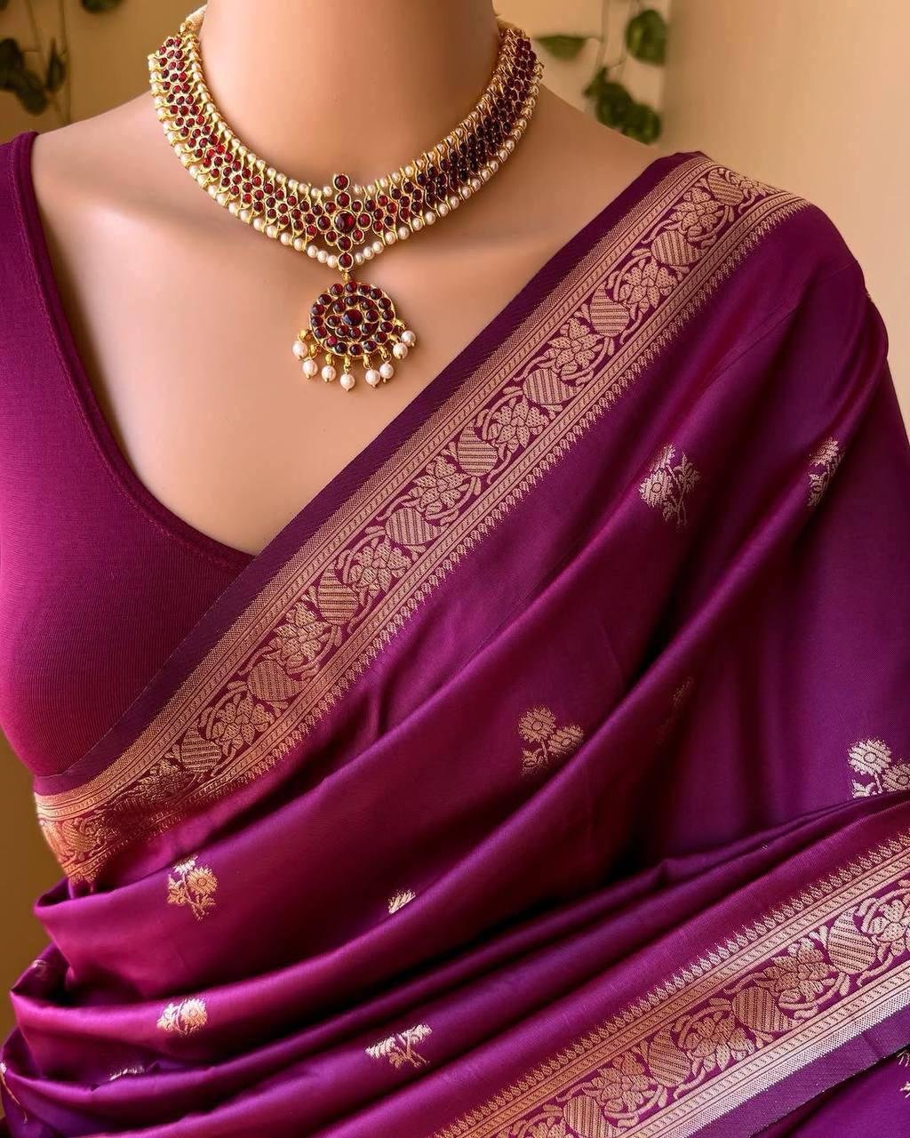 Dark Purple And Golden Border Soft Lichi Silk Saree