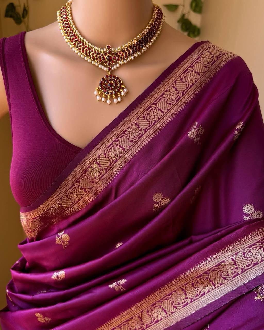 Dark Purple And Golden Border Soft Lichi Silk Saree