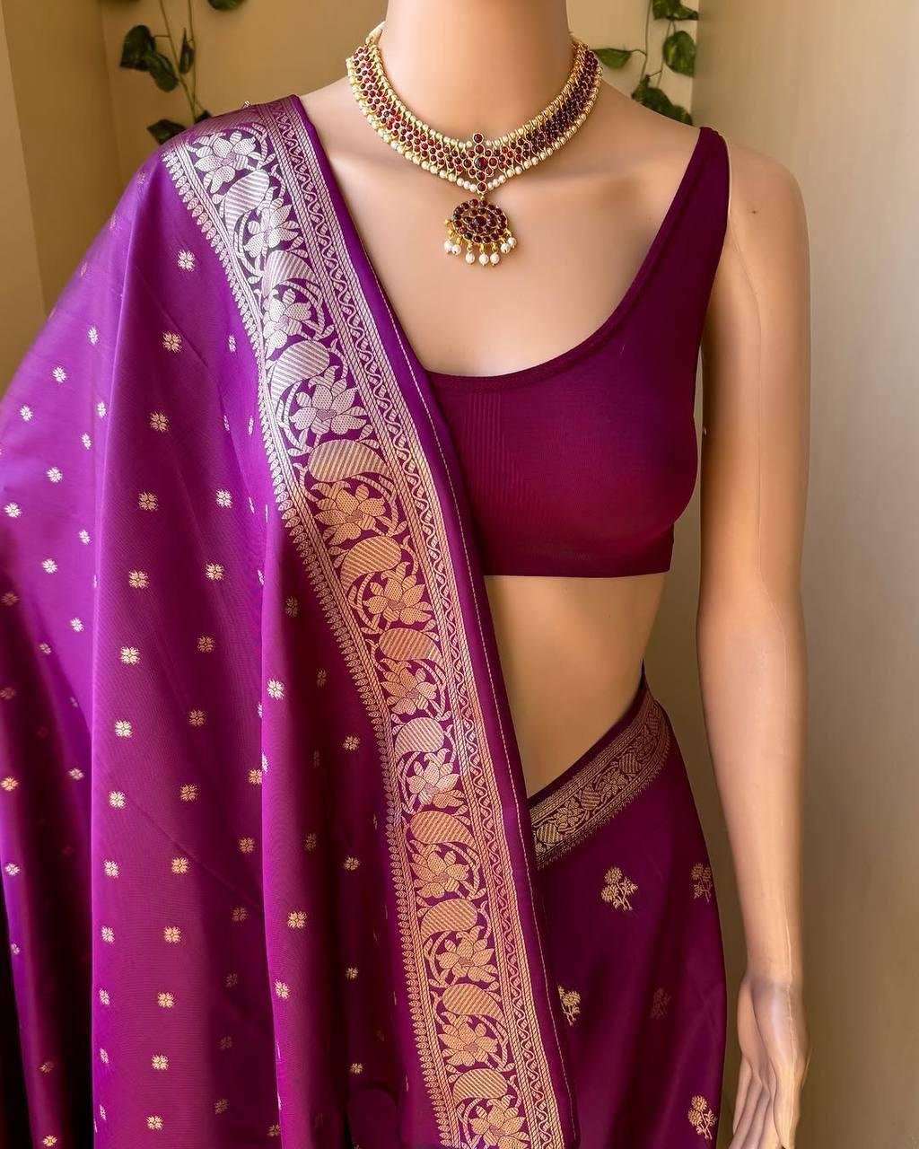 Dark Purple And Golden Border Soft Lichi Silk Saree