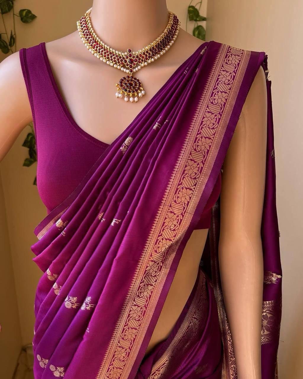 Dark Purple And Golden Border Soft Lichi Silk Saree